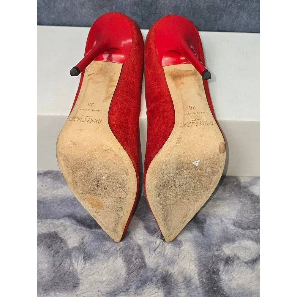 Jimmy‎ Choo Anouk Pumps Red Suede Pointed Toe Stiletto Heels SZ 38 / US 8
